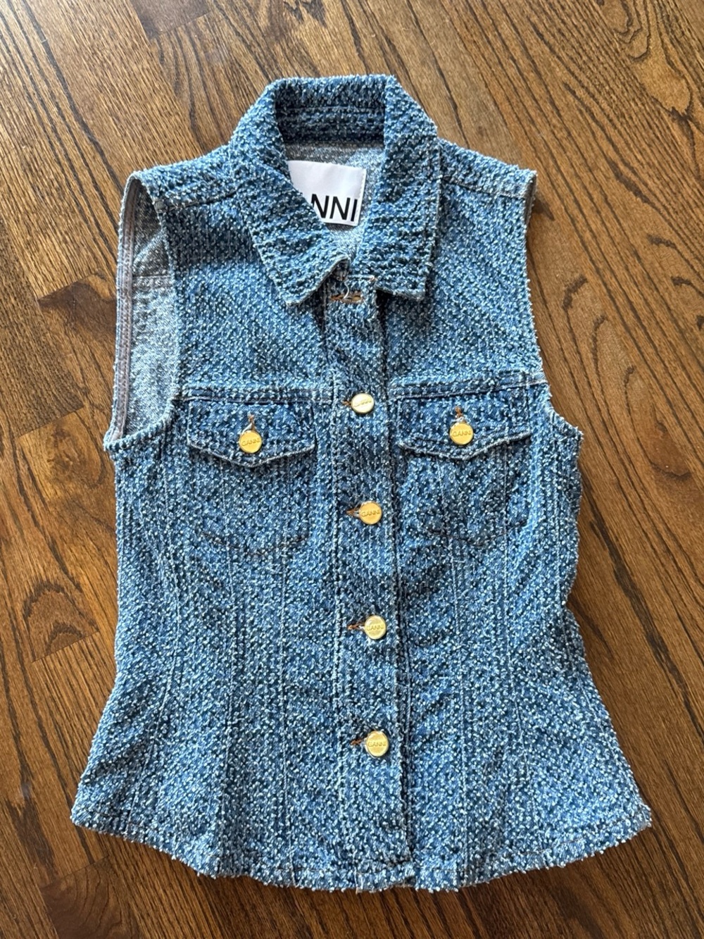 Ganni Blue Tweed Button-Front Sleeveless Top with Gold Buttons - Picture 1 of 6